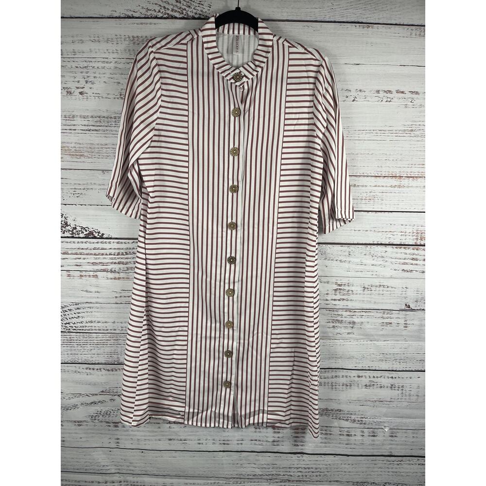 Zolucky Women's Large White Red Striped Button Front Long Tunic Dress